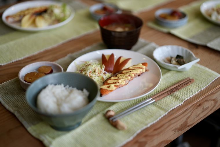 A Japanese breakfast — grilled salmon, rice and miso soup