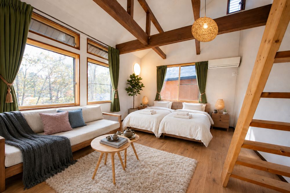 The Deluxe room under an open timber roof